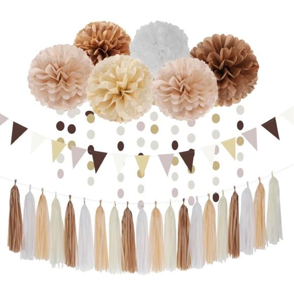 28 Piece Neutral Decor Pack - Champagne / Brown / White - Birthday / Baby Shower - Picture 1 of 5